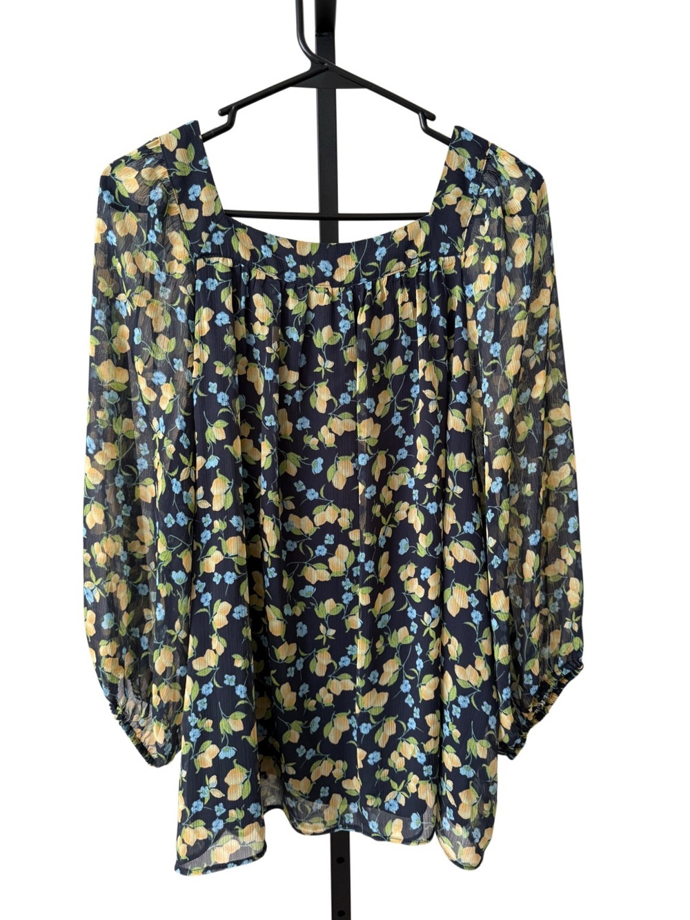 Flowy Fruit Lemon Floral Sheer Peasant Navy Yellow Lightweight Office Blouse XL